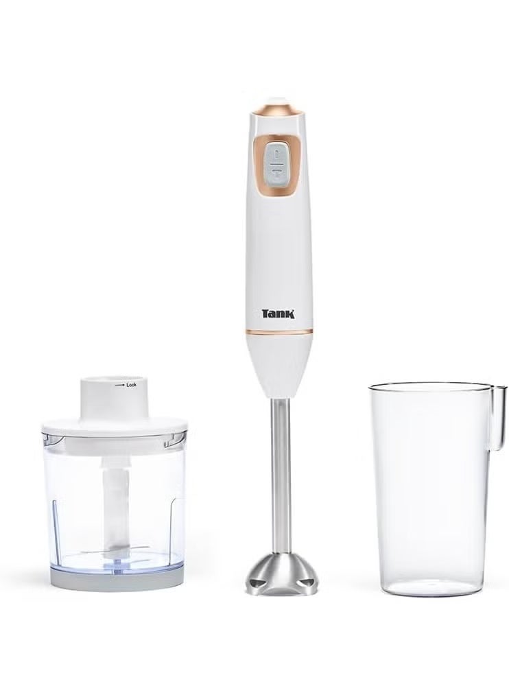 Tank Hand Blender with 600ml BPA Free Beaker & 500ml Chopper, 5 Speed Control + Turbo, 600 Watts, White/Rose Gold, CM-6003-1BCR, 2 Year Warranty